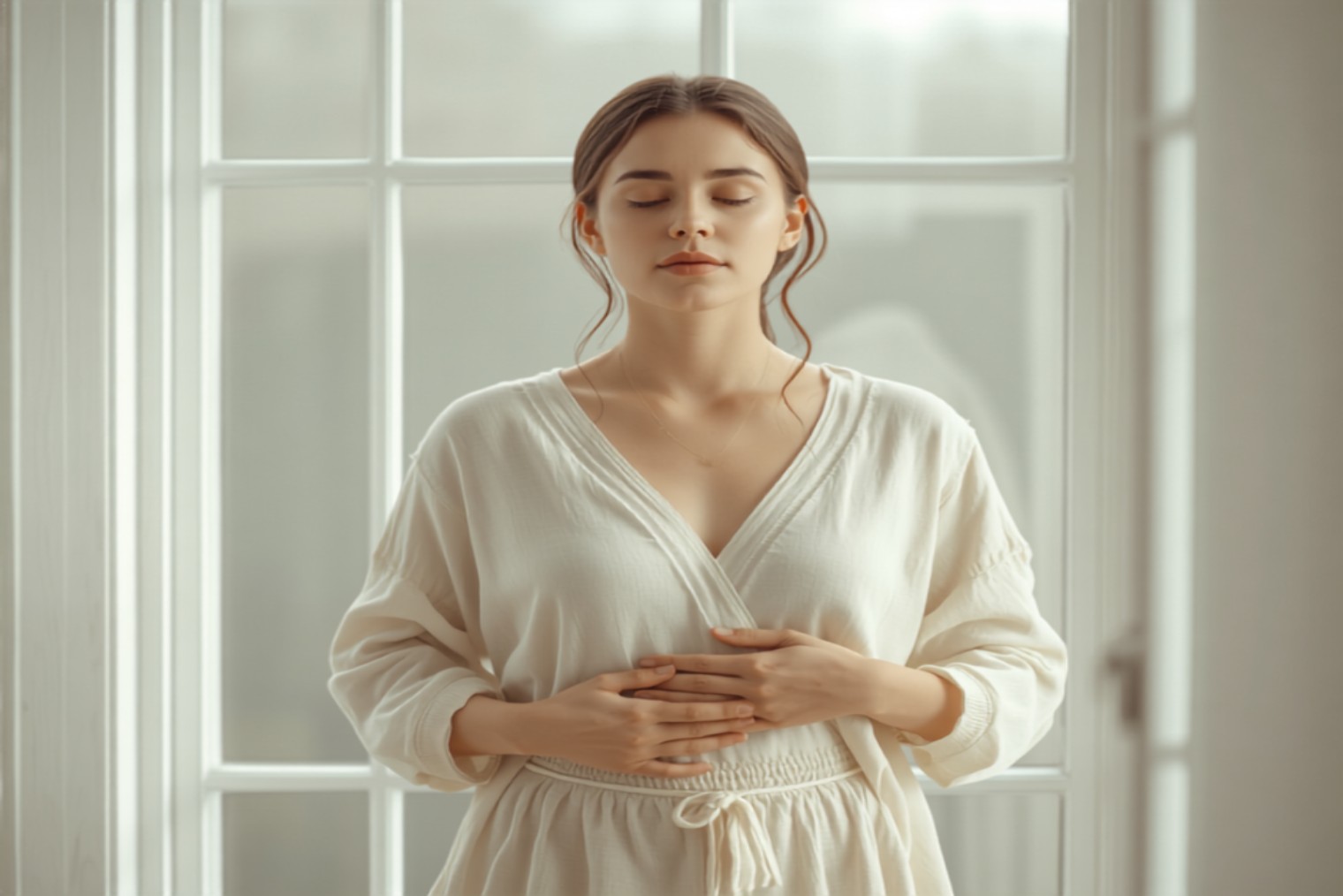 Woman gently resting her hands on her stomach by a bright window