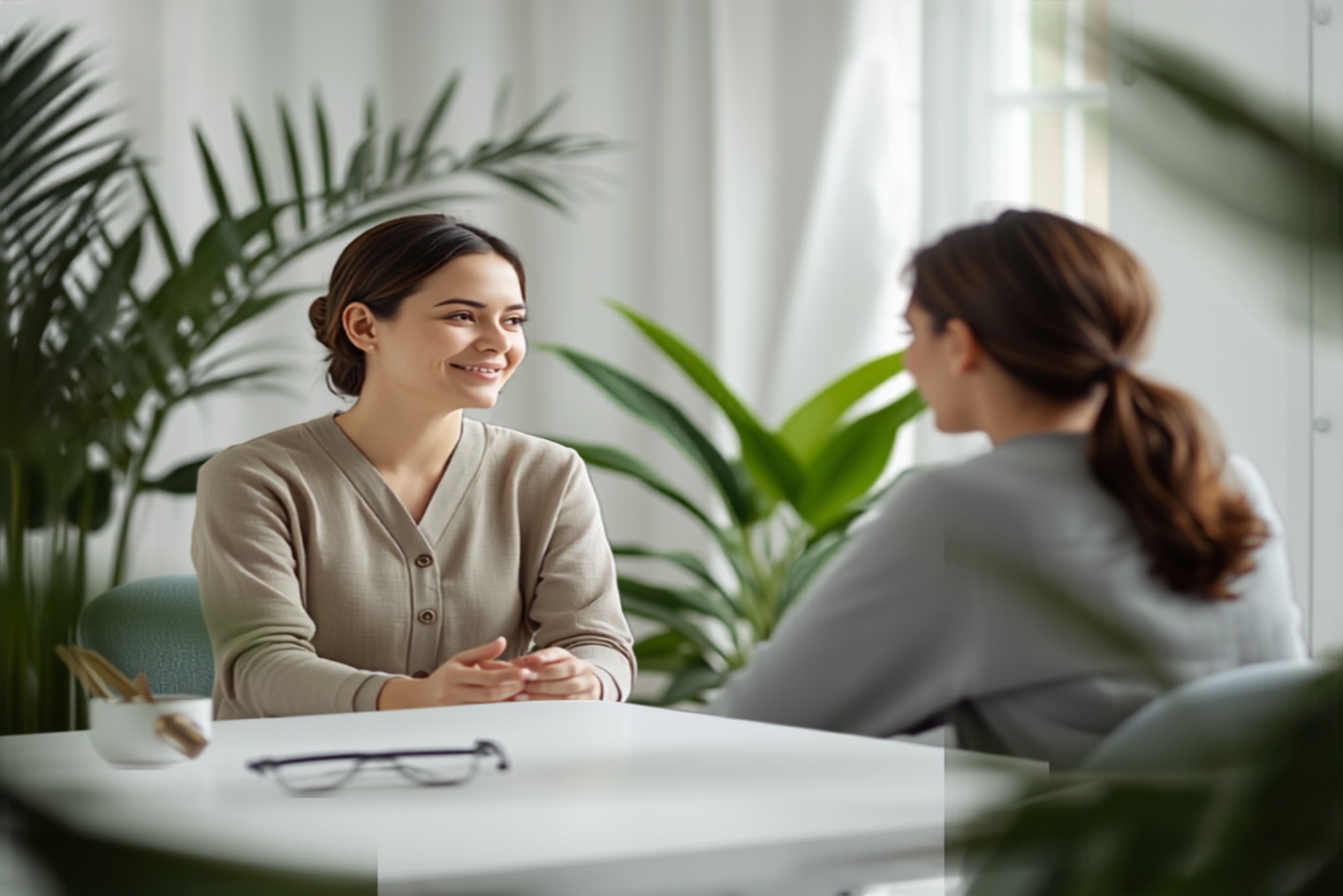 Practitioner having a calm consultation with a client