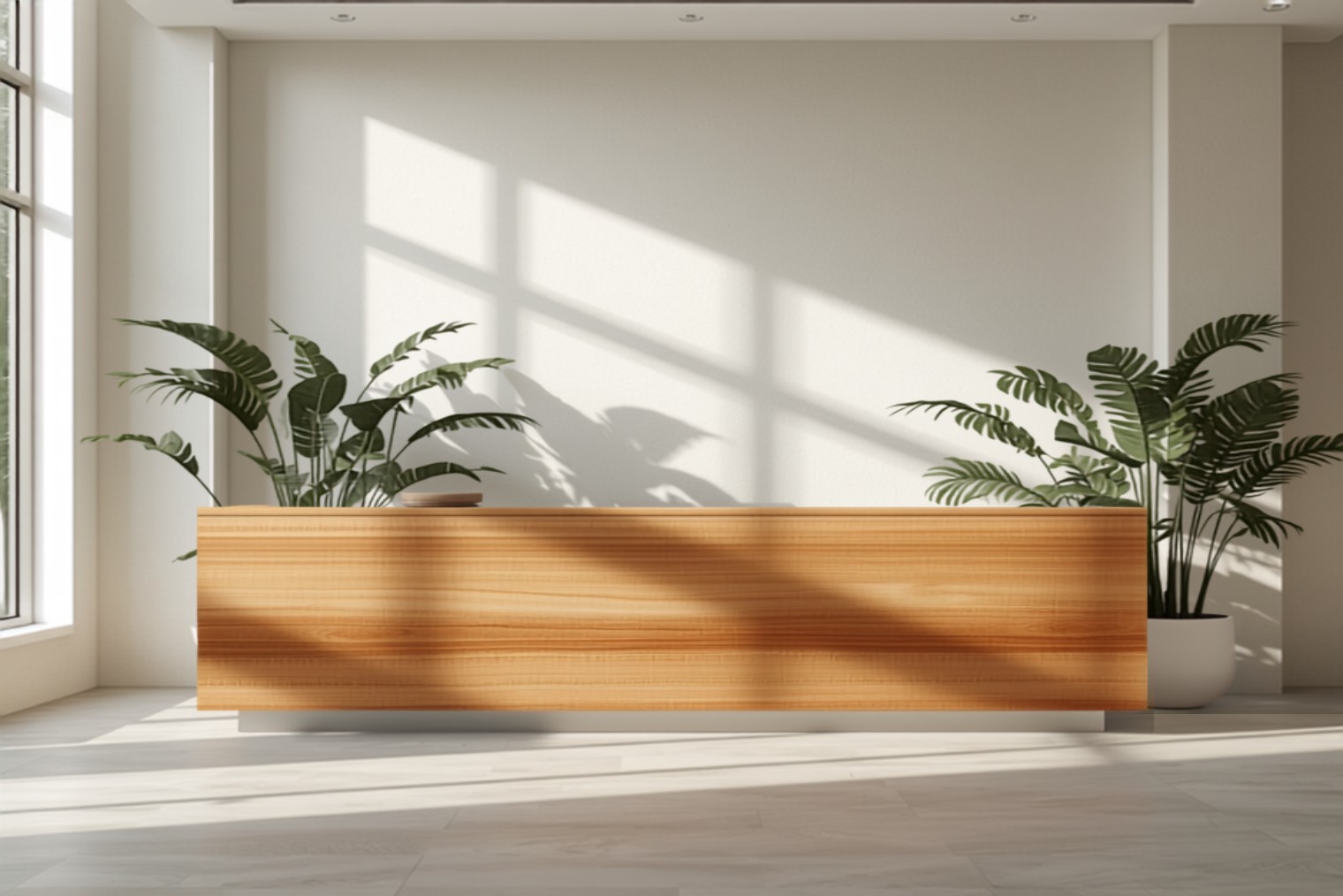Calm wellness clinic reception with timber counter and plants
