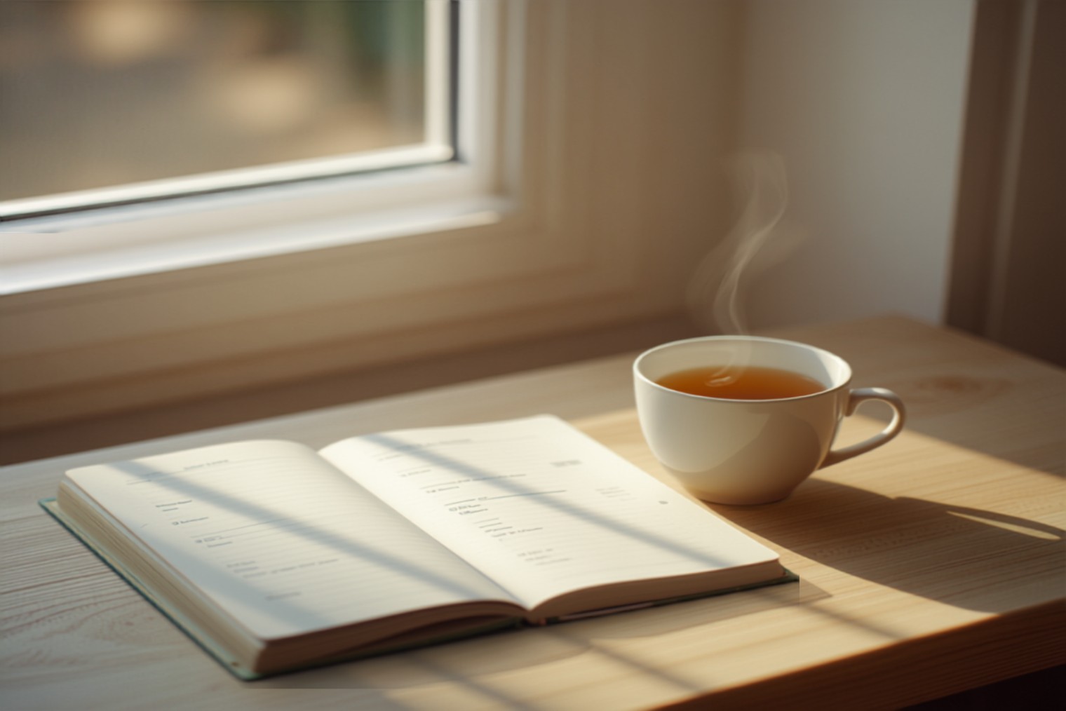 Open planner and a cup of herbal tea in soft morning light