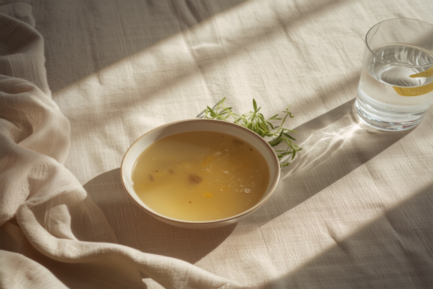 Light nourishing meal with soup and steamed greens